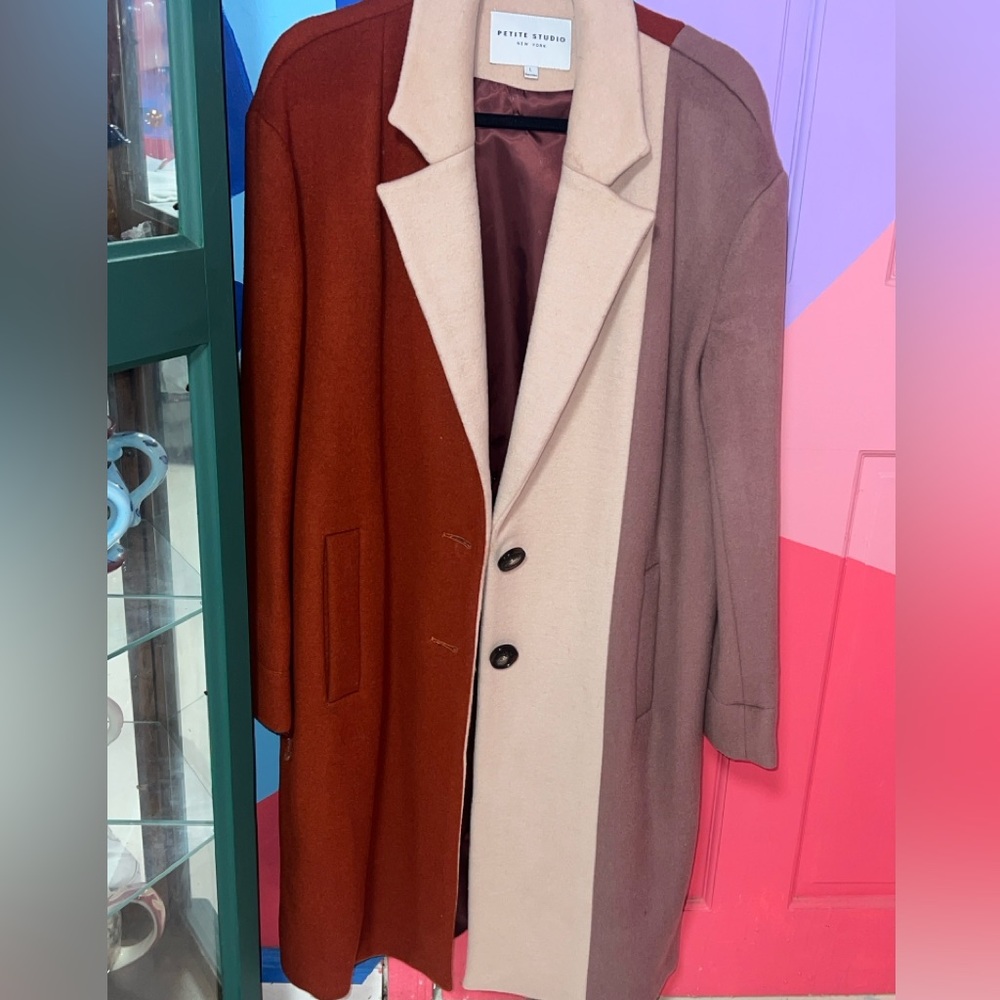 Petite Studio Tricolor Trench Coat in Brown, Cream, and Tan